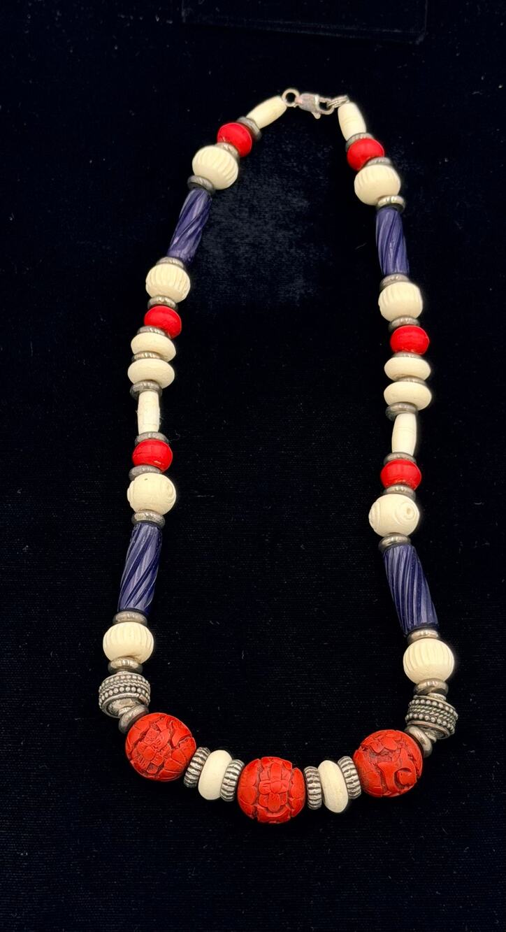 Chinese Vintage 925 Handcrafted Cinnabar Red White and Blue Beaded Necklace
